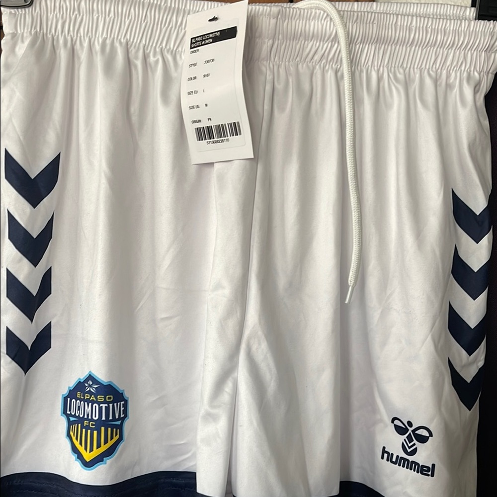 El Paso Locomotive Soccer Hummel Blue and White Athletic Shorts with Chevron